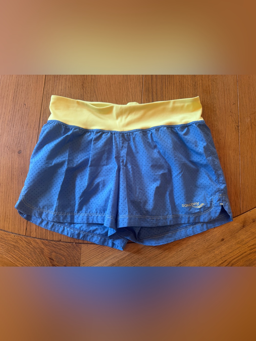 Saucony Blue Athletic Shorts with Yellow Waistband